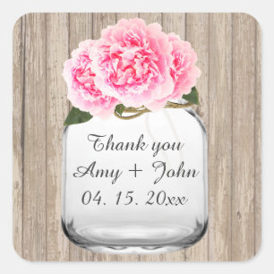 Mason jar rosa Birne Hochzeitsticker Tags Peony2 Quadratischer Aufkleber