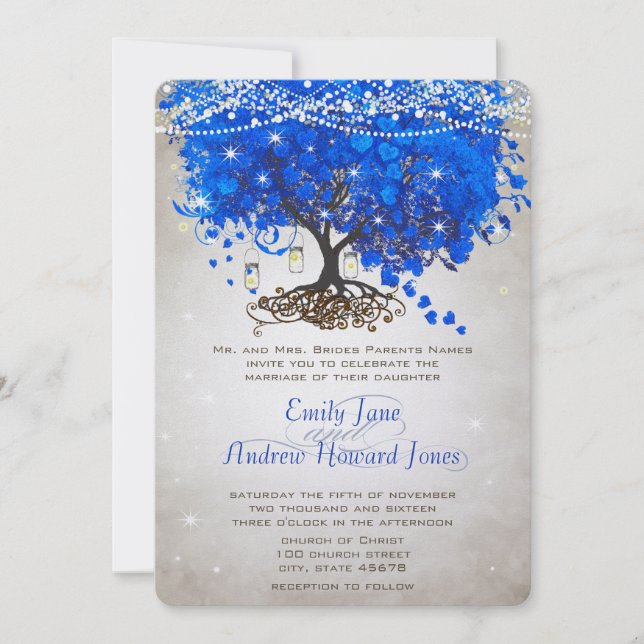 Mason Jar Royal Blue Heart Leaf Tree Wedding Einladung (Vorderseite)