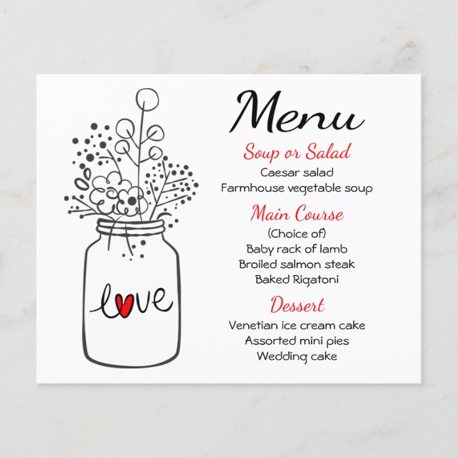 Mason Jar Rust Wedding Menu Schwarz Rote Flora (Vorderseite)