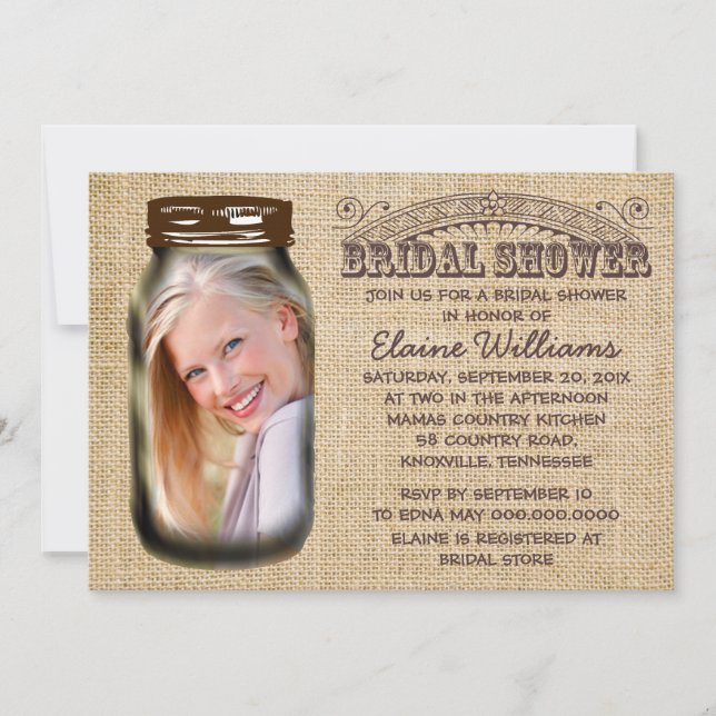 Mason Jar Rustic Burlap Brautparty Einladung (Vorderseite)