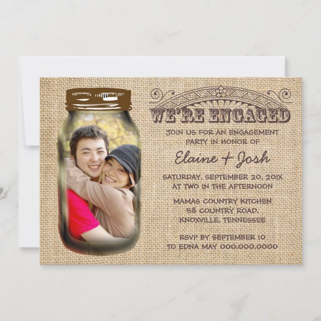 Mason Jar Rustic Burlap Engagement Party Einladung (Vorderseite)