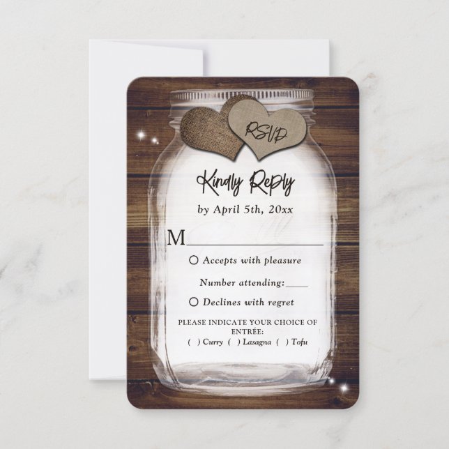 Mason Jar Rustic Country Barn Wood Wedding Meal RSVP Karte (Vorderseite)
