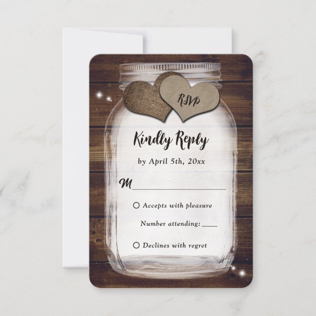 Mason Jar Rustic Country Burlap Heart Wedding RSVP (Vorderseite)