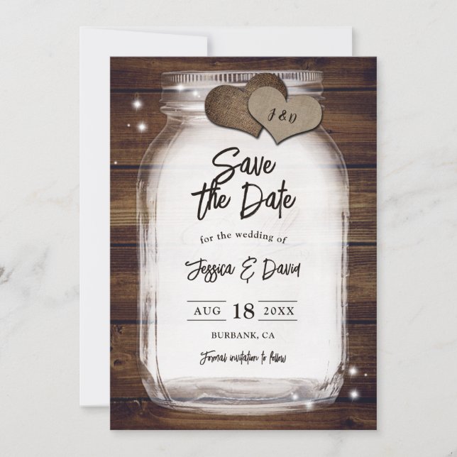 Mason Jar Rustic Country Heart Barn Wood Wedding Save The Date (Vorderseite)