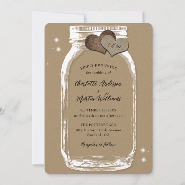 Mason Jar Rustic Country Kraft Papier Hochzeit Einladung (Vorderseite)