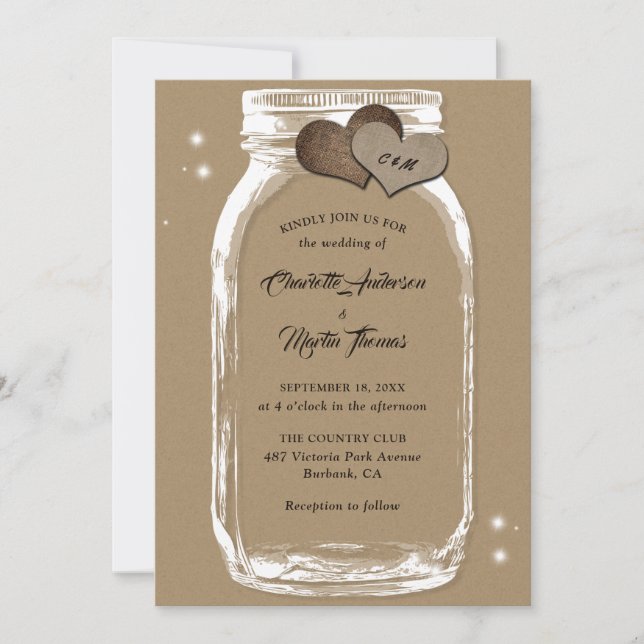 Mason Jar Rustic Country Kraft Papier Hochzeit Einladung (Vorderseite)