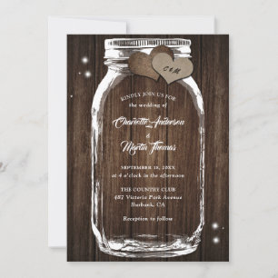 Mason Jar Rustic Country Wood Burlap Heart Wedding Einladung