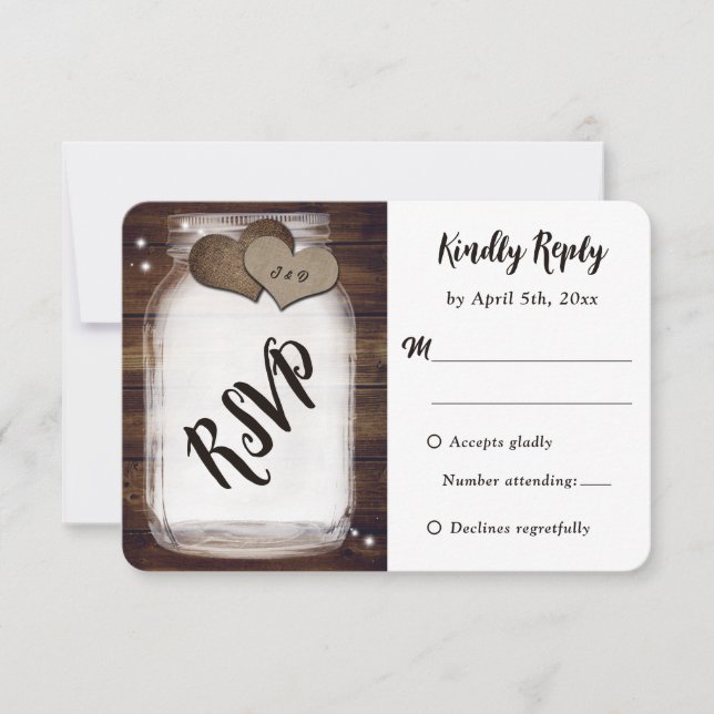 Mason Jar Rustic Country Wood Burlap Heart Wedding RSVP Karte (Vorderseite)