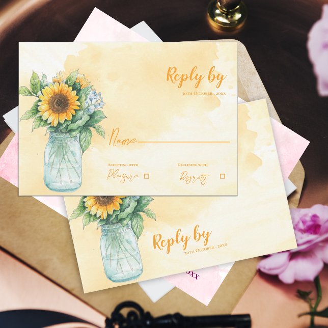 Mason Jar Rustic Sonnenblumen Country Wedding Antw RSVP Karte (Mason Jar Rustic Sunflower Country Wedding Reply RSVP Card)