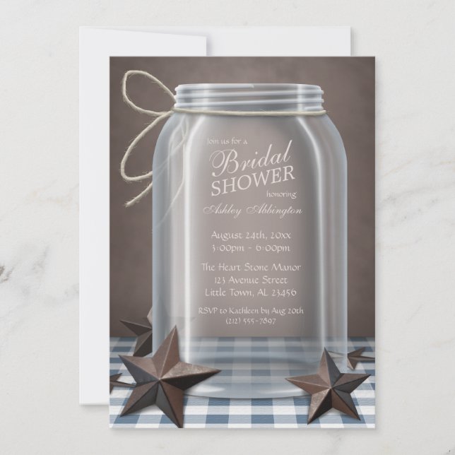 Mason Jar Rustic Stars Blue Gingham Brautparty Einladung (Vorderseite)