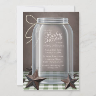 Mason Jar Rustic Stars Green Gingham Baby Shower Einladung