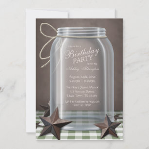Mason Jar Rustic Stars Green Gingham Birthday Einladung