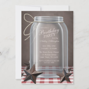 Mason Jar Rustic Stars Red Gingham Birthday Einladung