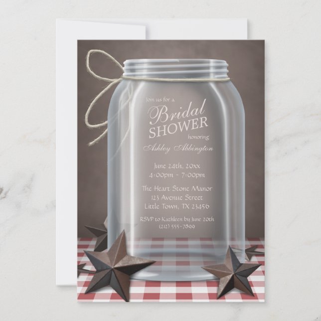 Mason Jar Rustic Stars Red Gingham Brautparty Einladung (Vorderseite)