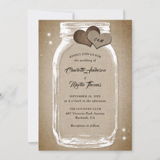 Mason Jar Rustic Vintag Burlap Wedding Einladung (Vorderseite)