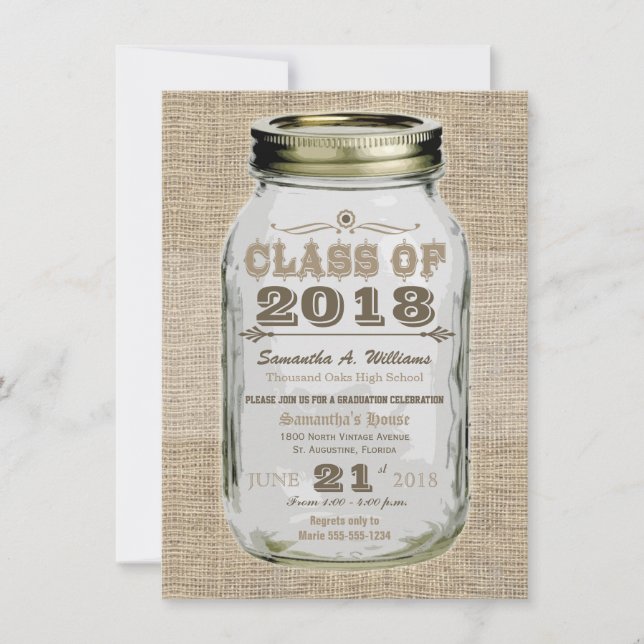 Mason Jar Rustic Vintag Look Burlap Abschluss Einladung (Vorderseite)