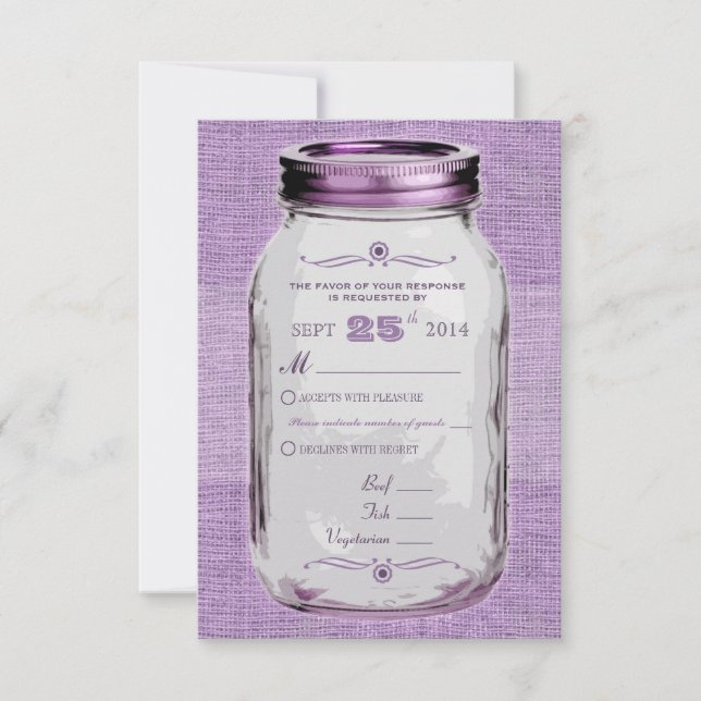 Mason Jar Rustic Vintag Look Lila benutzerdefinier RSVP Karte (Vorderseite)