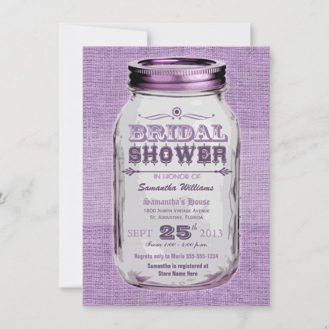 Mason Jar Rustic Vintag Look Lila Brautparty Einladung (Vorderseite)
