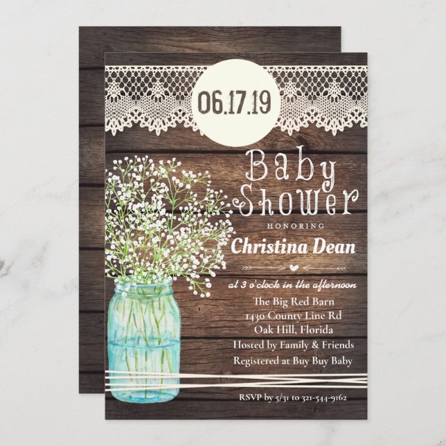 Mason Jar Rustic Wood Baby Dusche Einladung (Vorne/Hinten)
