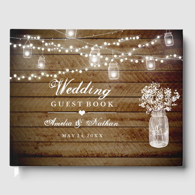 Mason Jar Rustic Wood Wedding Guest Book Gästebuch (Vorderseite)