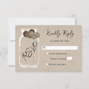 Mason Jar Rustikale Jute-Herzen Monogramm-Hochzeit RSVP Karte