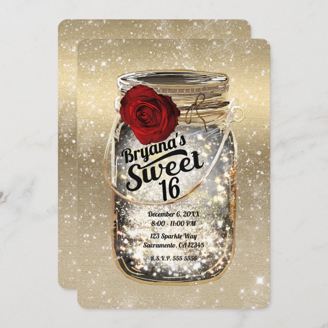 Mason Jar Sparkle Lights & Rote Rose Sweet 16 Einladung (Vorne/Hinten)