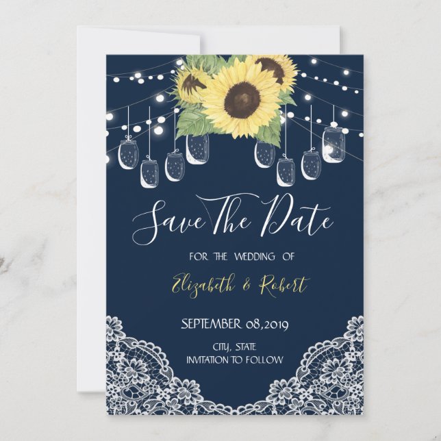 Mason Jar, Spitz, Sonnenblumen Navy Blau Save the  Save The Date (Vorderseite)