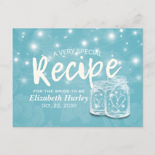 Mason Jar String Light Floral Brautparty Rezept Einladungspostkarte (Vorderseite)