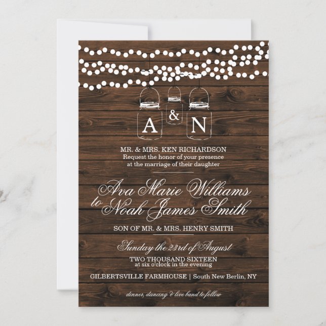 Mason Jar String Light Wedding Einladung (Vorderseite)