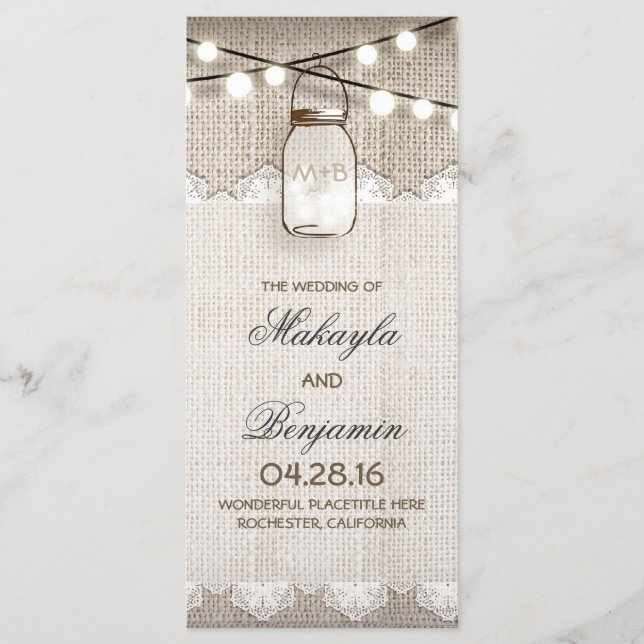 Mason Jar String Lights Burlap Weddingprogramme Programm (Vorderseite)