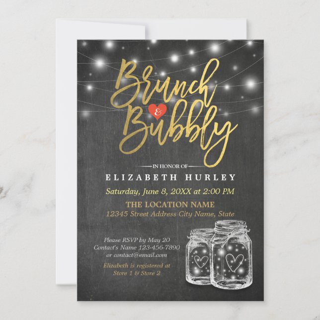 Mason Jar String Lights Chalkboard Brunch & Bubbly Einladung (Vorderseite)
