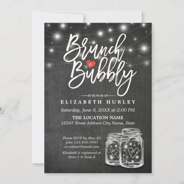 Mason Jar String Lights Chalkboard Brunch & Bubbly Einladung (Vorderseite)