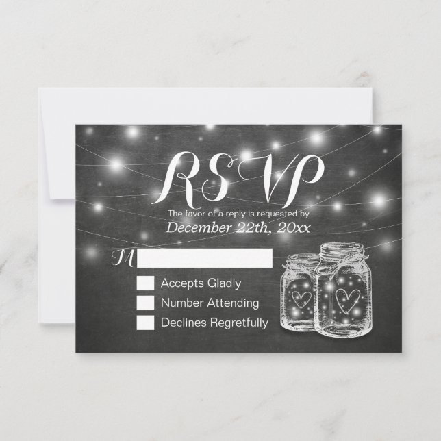 Mason Jar & String Lights Chalkboard Wedding RSVP (Vorderseite)