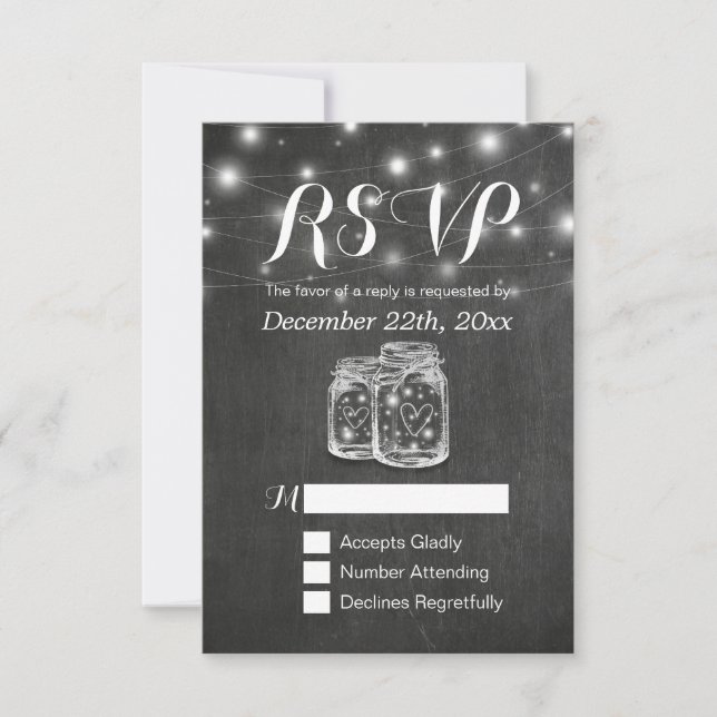Mason Jar & String Lights Chalkboard Wedding RSVP Karte (Vorderseite)