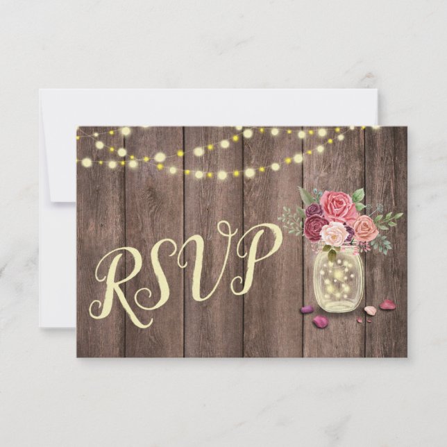 Mason Jar String Lights Floral RSVP Karte (Vorderseite)