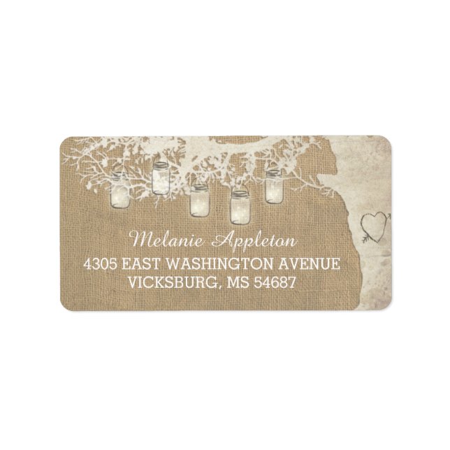 Mason Jar String Lights Rustic Burlap Tree Adressaufkleber (Vorne)