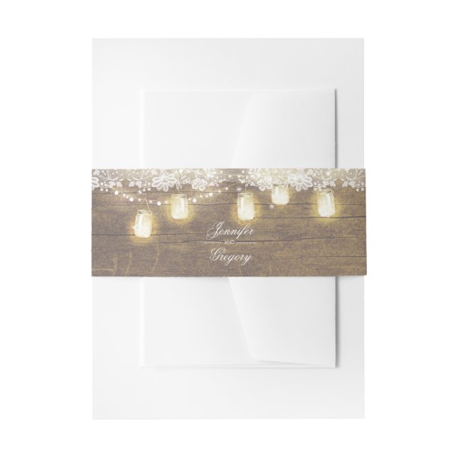 Mason Jar String Lights Rustic Wood Lace Wedding Einladungsbanderole (Vorderseite Beispiel)