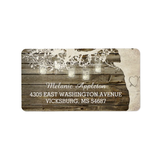 Mason Jar String Lights Tree Barn Wood Adressaufkleber (Vorne)