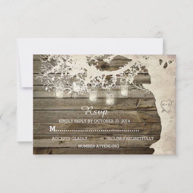 Mason Jar String Lights Tree Rustic Barn Wood UAWG RSVP Karte (Vorderseite)