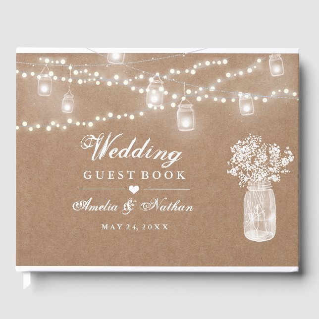 Mason Jar String Lights Wedding Guest Book Gästebuch (Vorderseite)