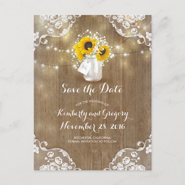 Mason Jar Sunflowers Bouquet Rustic Save the Date Ankündigungspostkarte (Vorderseite)