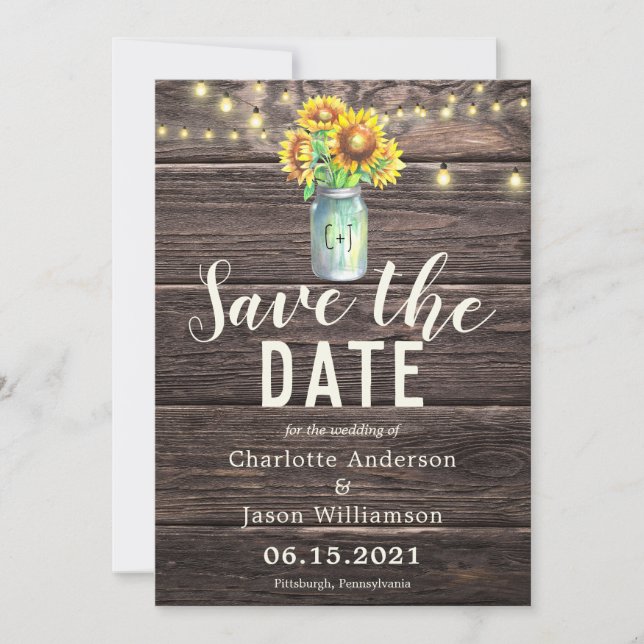 Mason Jar Sunflowers Bouquet Rustic Save the Date Einladung (Vorderseite)