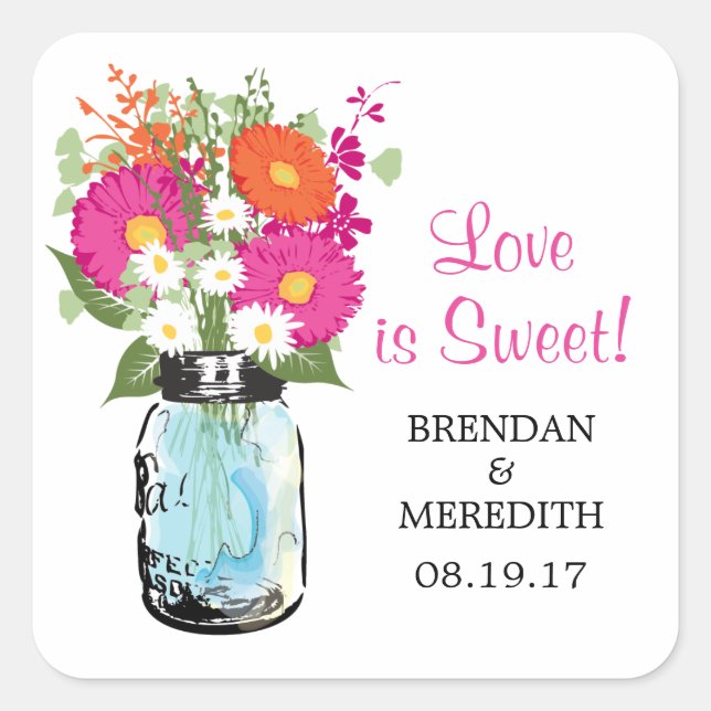 Mason Jar und Gerber Daisies Wedding Quadratischer Aufkleber (Vorderseite)