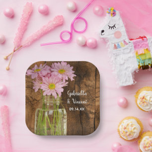 Mason Jar und Pink Daisies Country Barn Wedding Pappteller