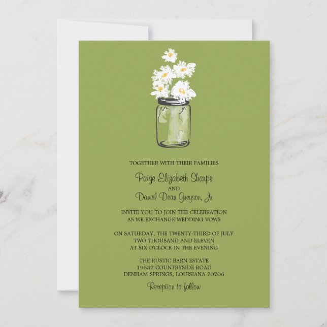 Mason Jar und White Daisies | Grüne Hochzeit Einladung (Vorderseite)
