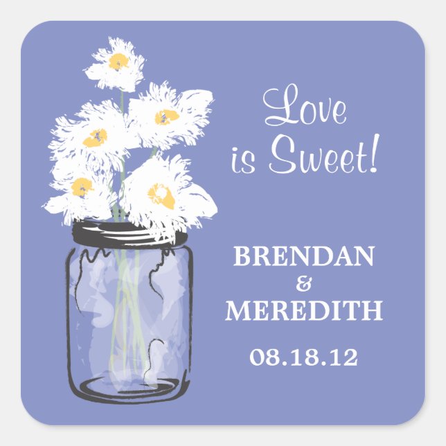 Mason Jar und White Daisies Wedding Quadratischer Aufkleber (Vorderseite)