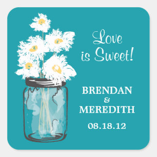 Mason Jar und White Daisies Wedding Quadratischer Aufkleber