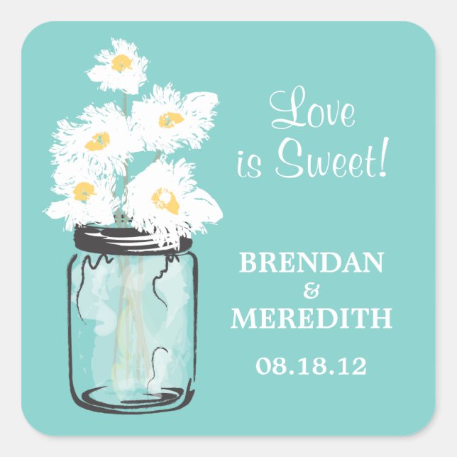 Mason Jar und White Daisies Wedding Quadratischer Aufkleber (Vorderseite)