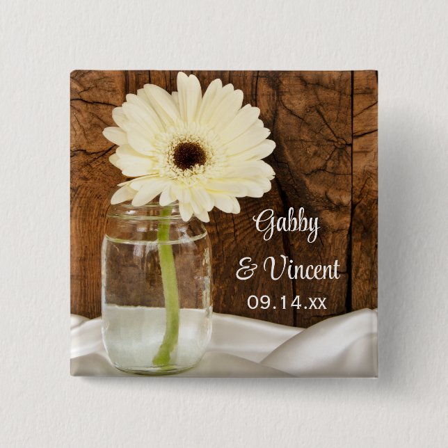 Mason Jar und White Daisy Country Barn Wedding Button (Vorderseite)