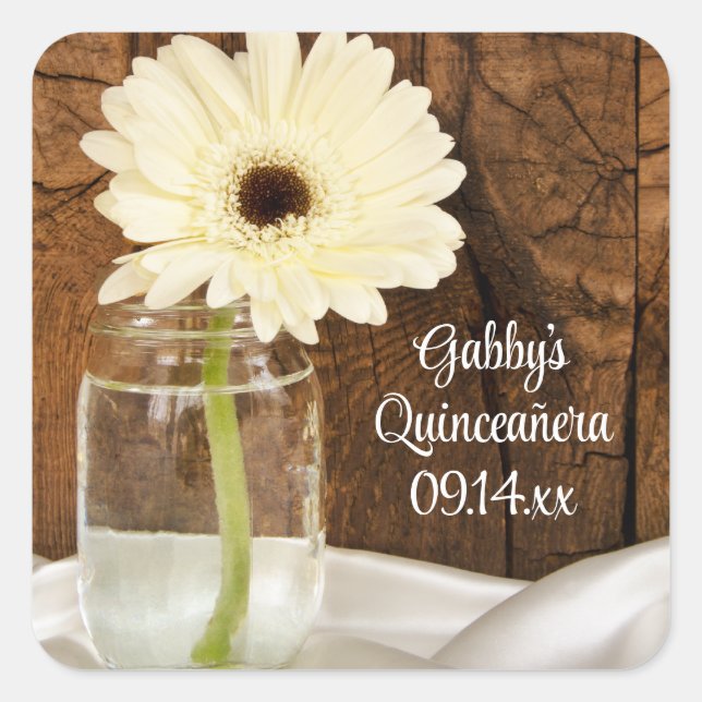Mason Jar und White Daisy Quinceañera Gefälligkeit Quadratischer Aufkleber (Vorderseite)
